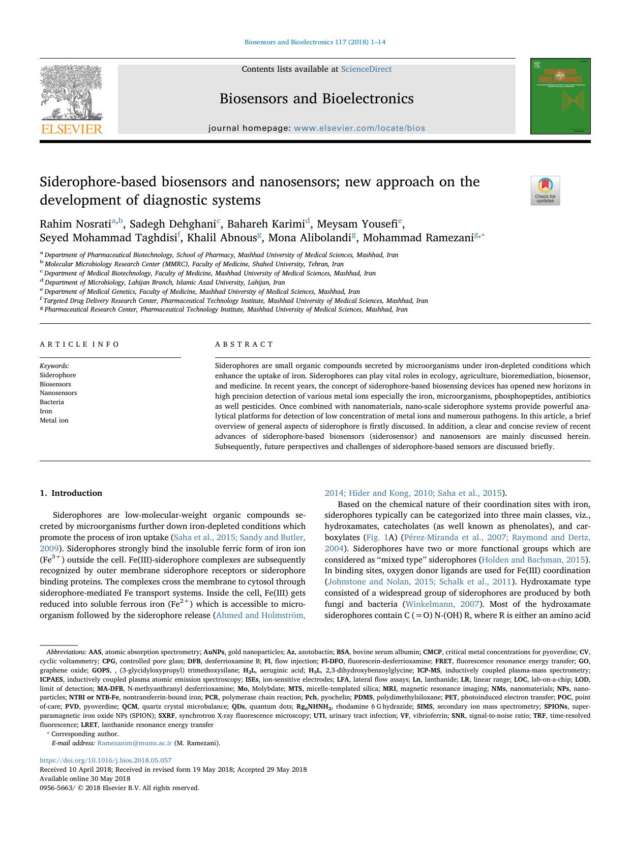 Siderophore-based biosensors and nanosensors; new approach on the development of diagnostic systems by unknow
