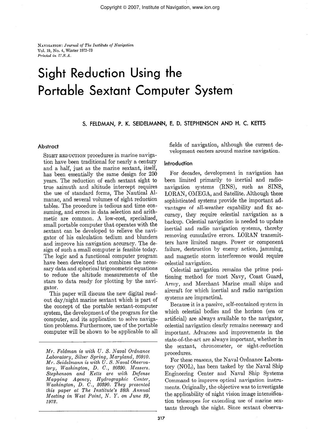 Sight Reduction Using the Portable Sextant Computer Systemâ by S. FELDMAN P. K. SEIDELMANN E. D. STEPHENSON AND H. C. KEllS