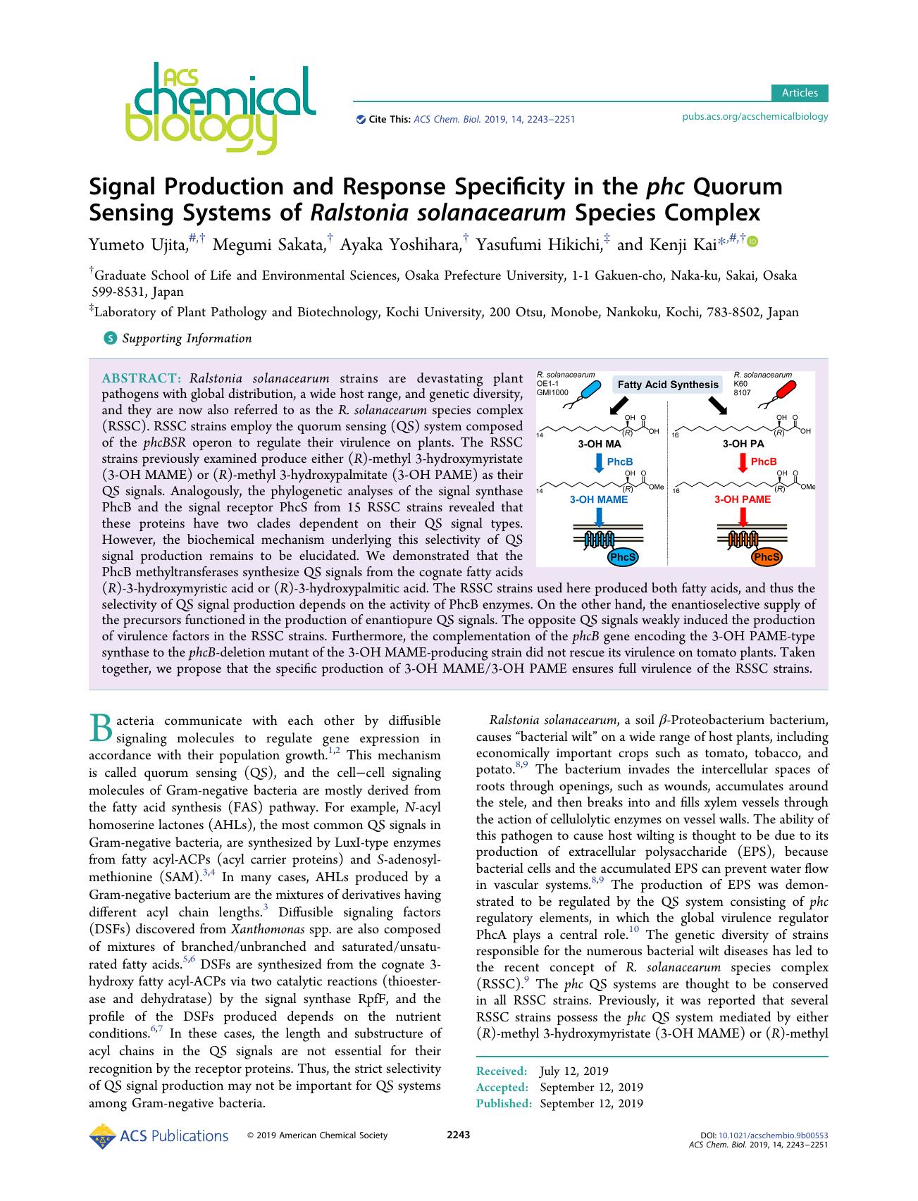 Signal Production and Response Specificity in the phc Quorum Sensing Systems of Ralstonia solanacearum Species Complex by Yumeto Ujita Megumi Sakata Ayaka Yoshihara Yasufumi Hikichi and Kenji Kai