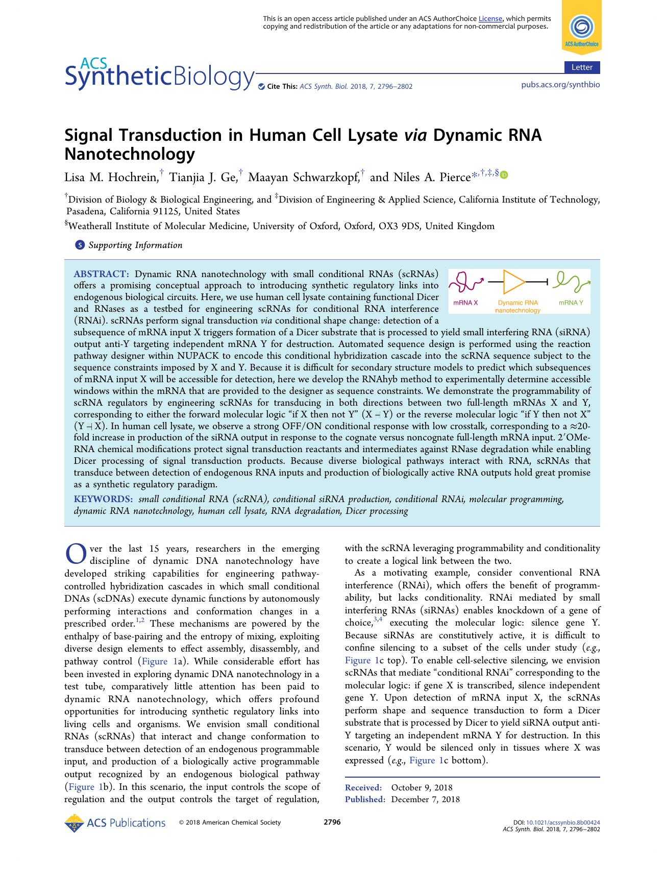 Signal Transduction in Human Cell Lysate via Dynamic RNA Nanotechnology by Lisa M. Hochrein Tianjia J. Ge Maayan Schwarzkopf and Niles A. Pierce