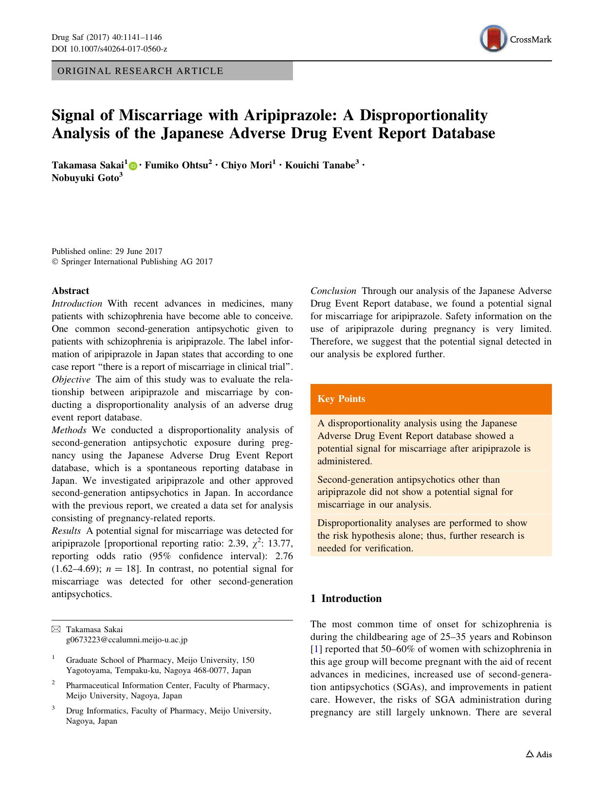Signal of Miscarriage with Aripiprazole: A Disproportionality Analysis of the Japanese Adverse Drug Event Report Database by Takamasa Sakai & Fumiko Ohtsu & Chiyo Mori & Kouichi Tanabe & Nobuyuki Goto