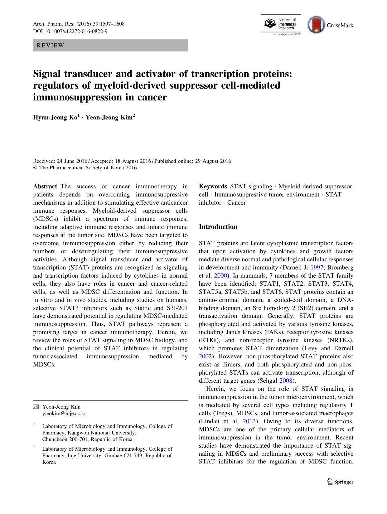 Signal transducer and activator of transcription proteins: regulators of myeloid-derived suppressor cell-mediated immunosuppression in cancer by Hyun-Jeong Ko & Yeon-Jeong Kim