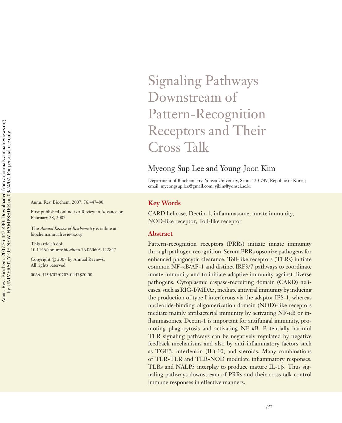Signaling Pathways Downstream of Pattern-Recognition Receptors and Their Cross Talk by Myeong Sup Lee & Young-Joon Kim