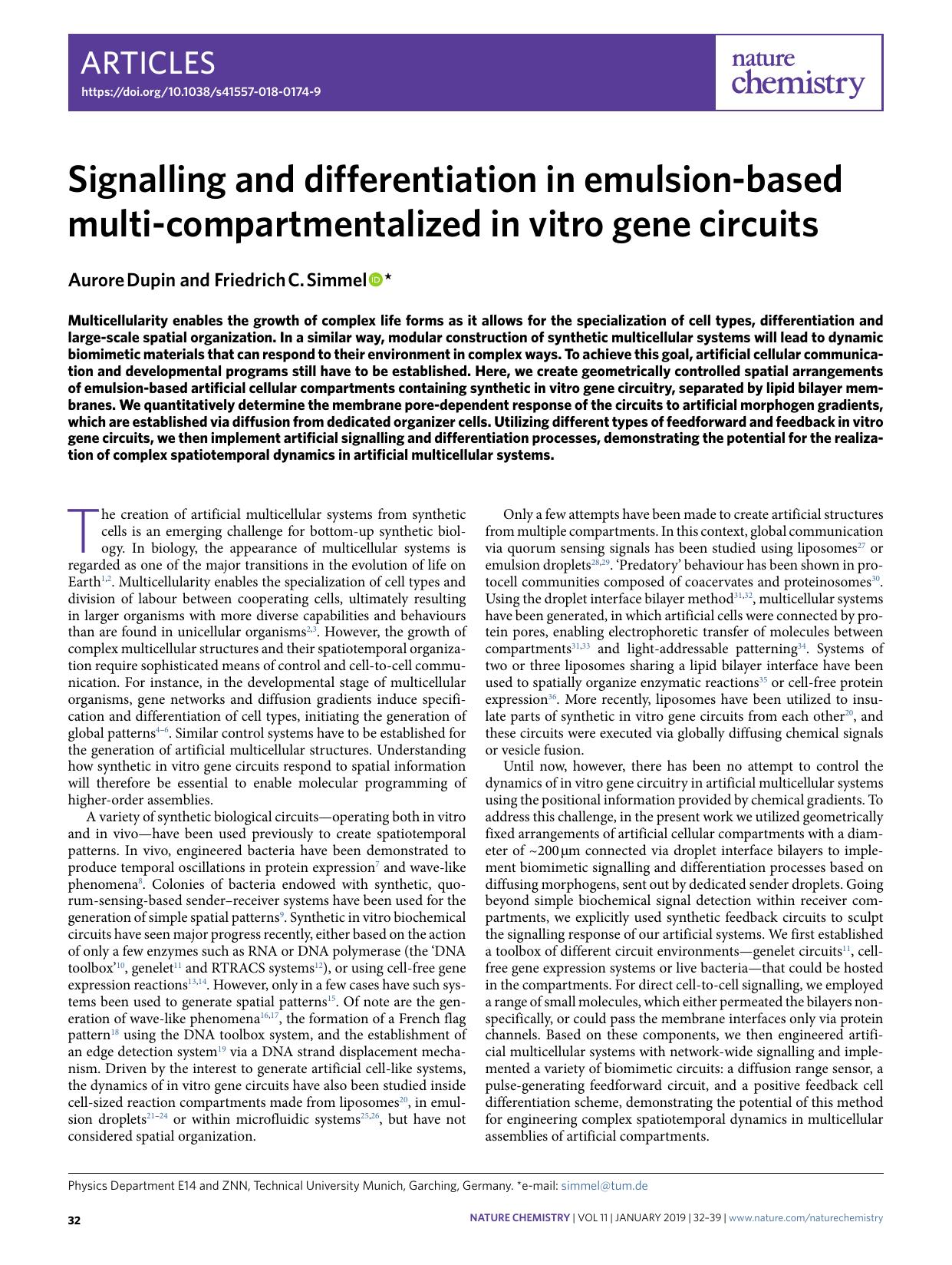 Signalling and differentiation in emulsion-based multi-compartmentalized in vitro gene circuits by Aurore Dupin & Friedrich C. Simmel