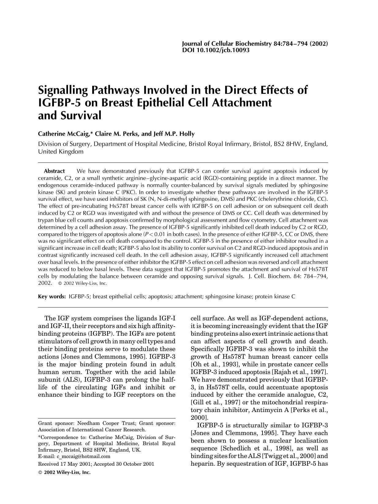 Signalling pathways involved in the direct effects of IGFBP-5 on breast epithelial cell attachment and survival by Unknown