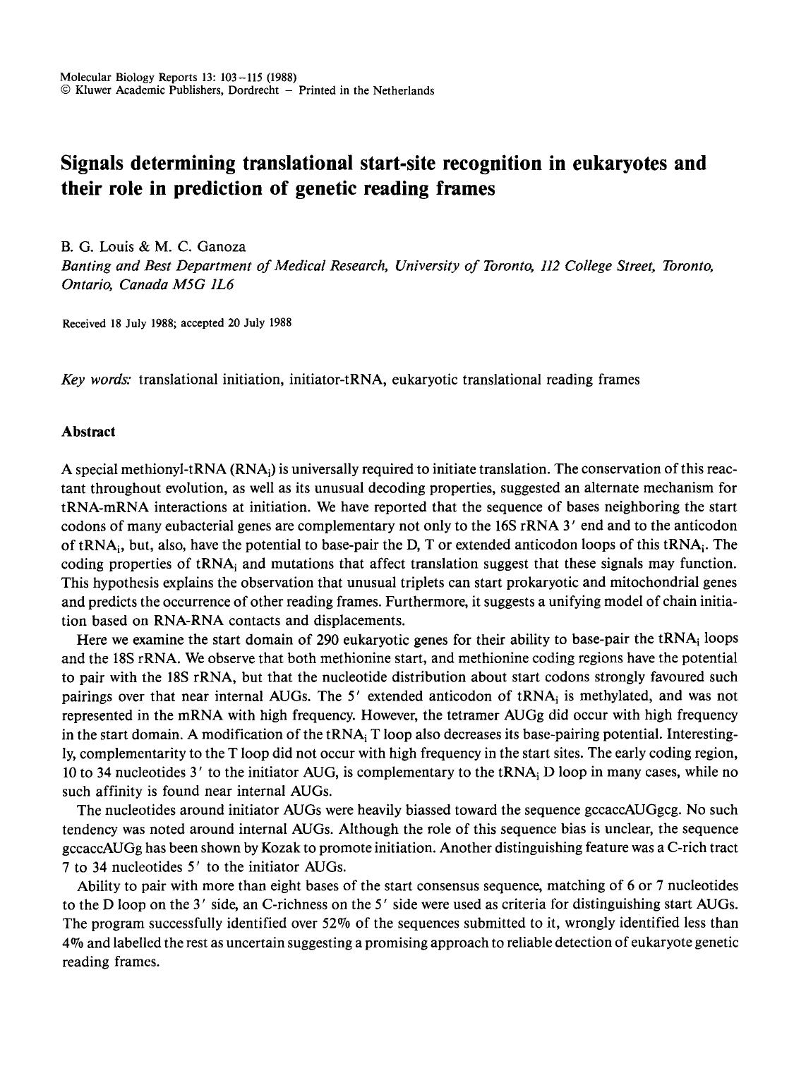 Signals determining translational start-site recognition in eukaryotes and their role in prediction of genetic reading frames by Unknown