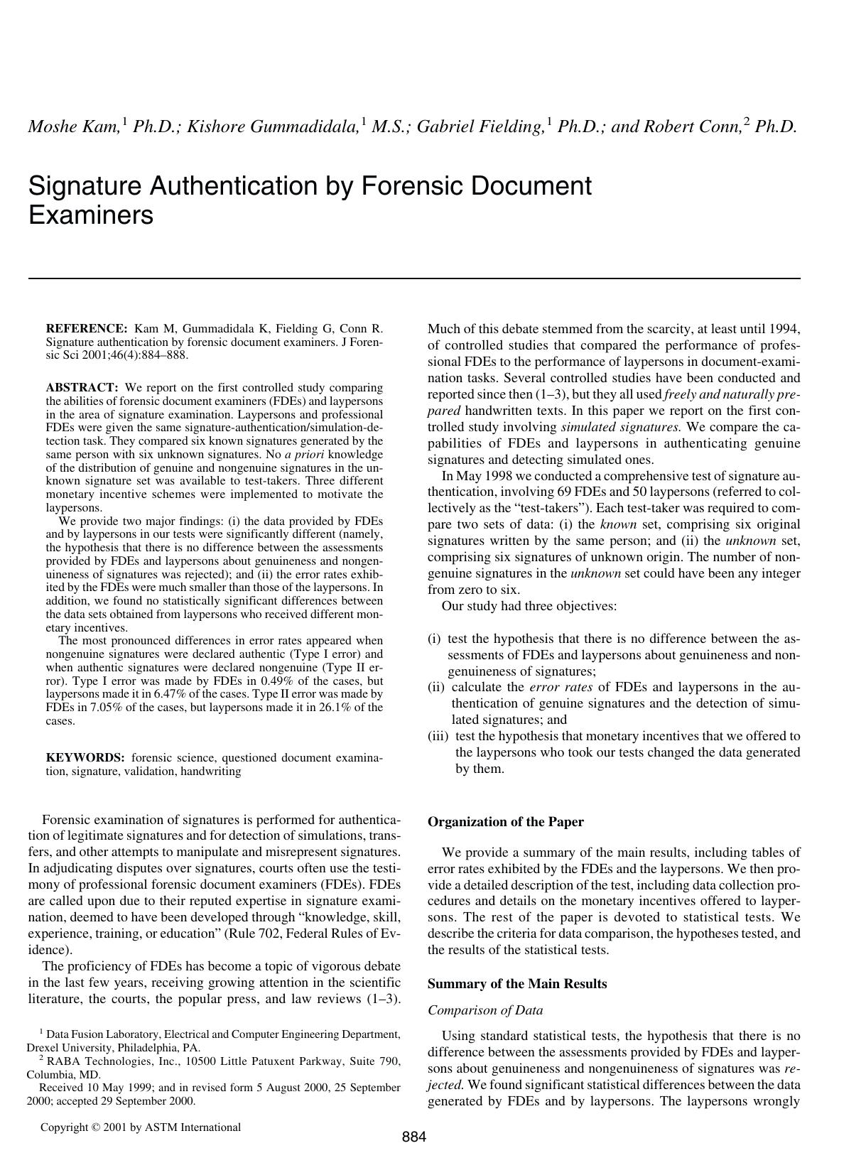 Signature authentication by forensic document examiners by Kam M Gummadidala K Fielding G Conn R