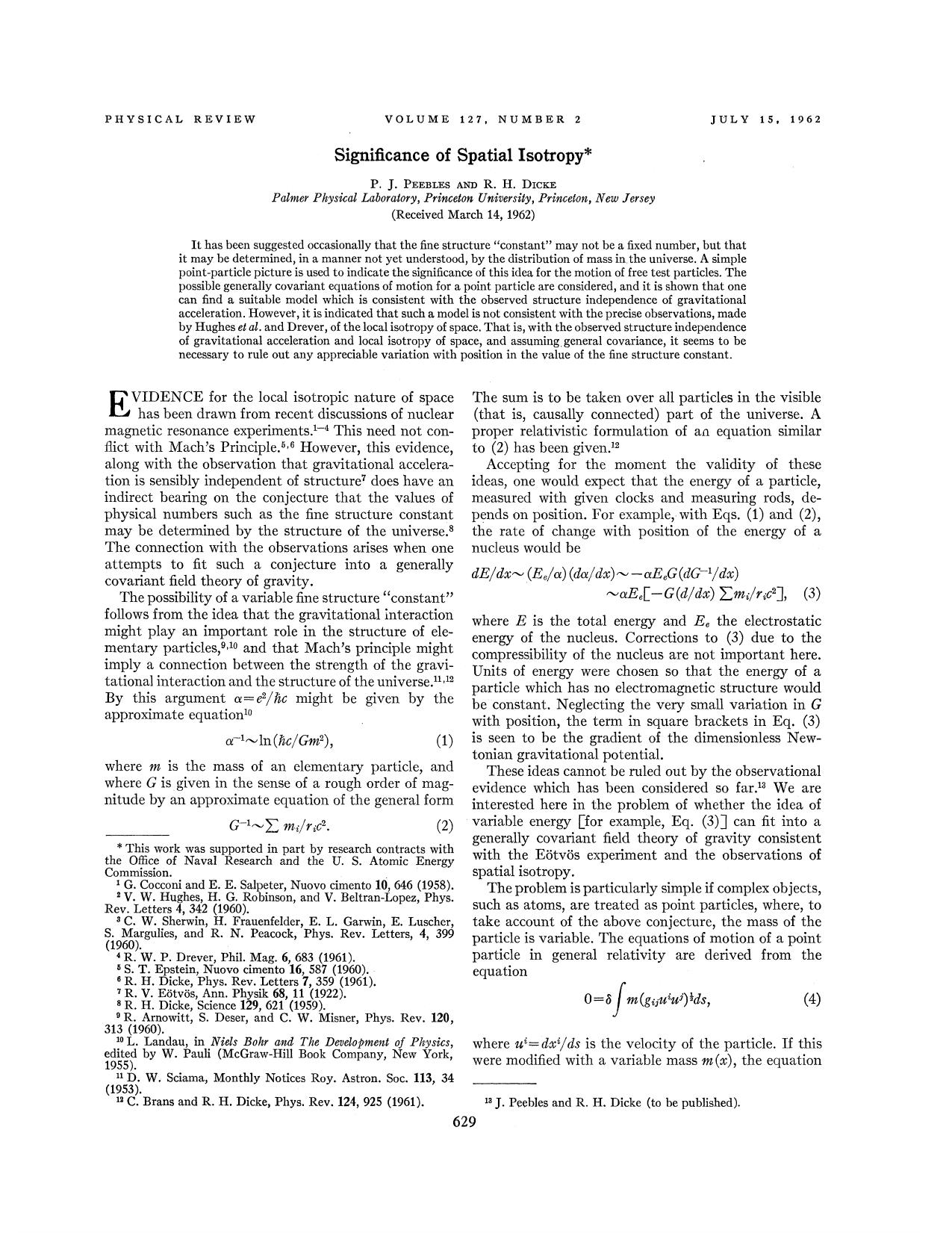 Significance of Spatial Isotropy by P. J. Peebles & R. H. Dicke