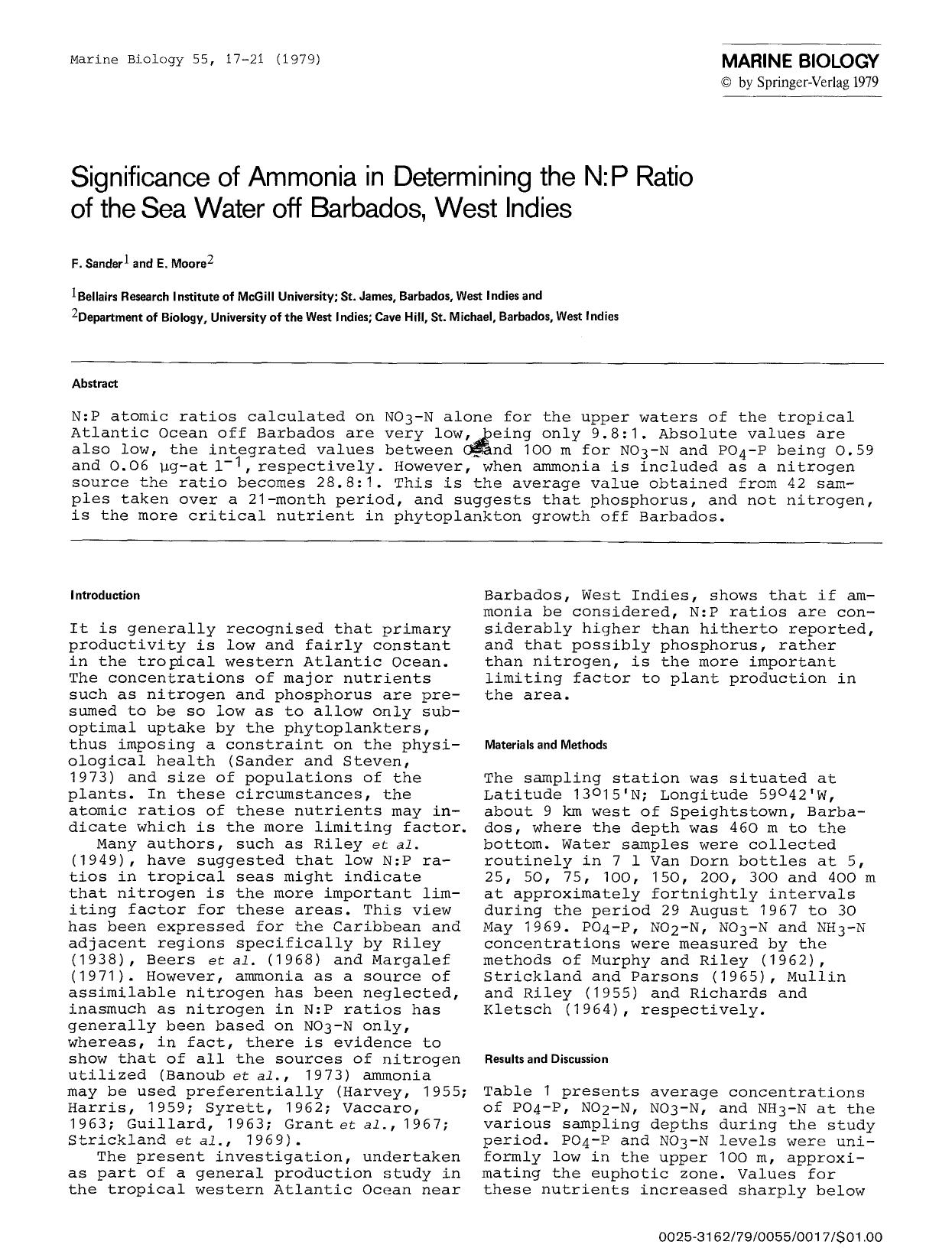 Significance of ammonia in determining the N:P ratio of the sea water off Barbados, West Indies by Unknown