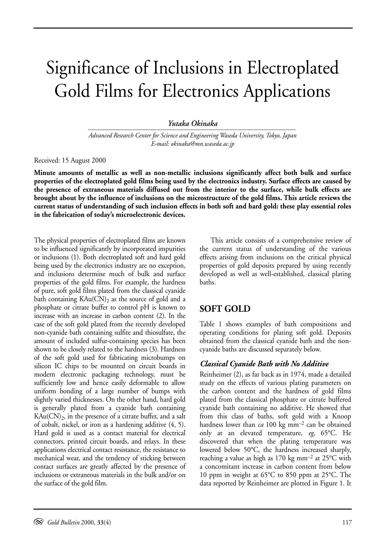 Significance of inclusions in electroplated gold films for electronics applications by Unknown