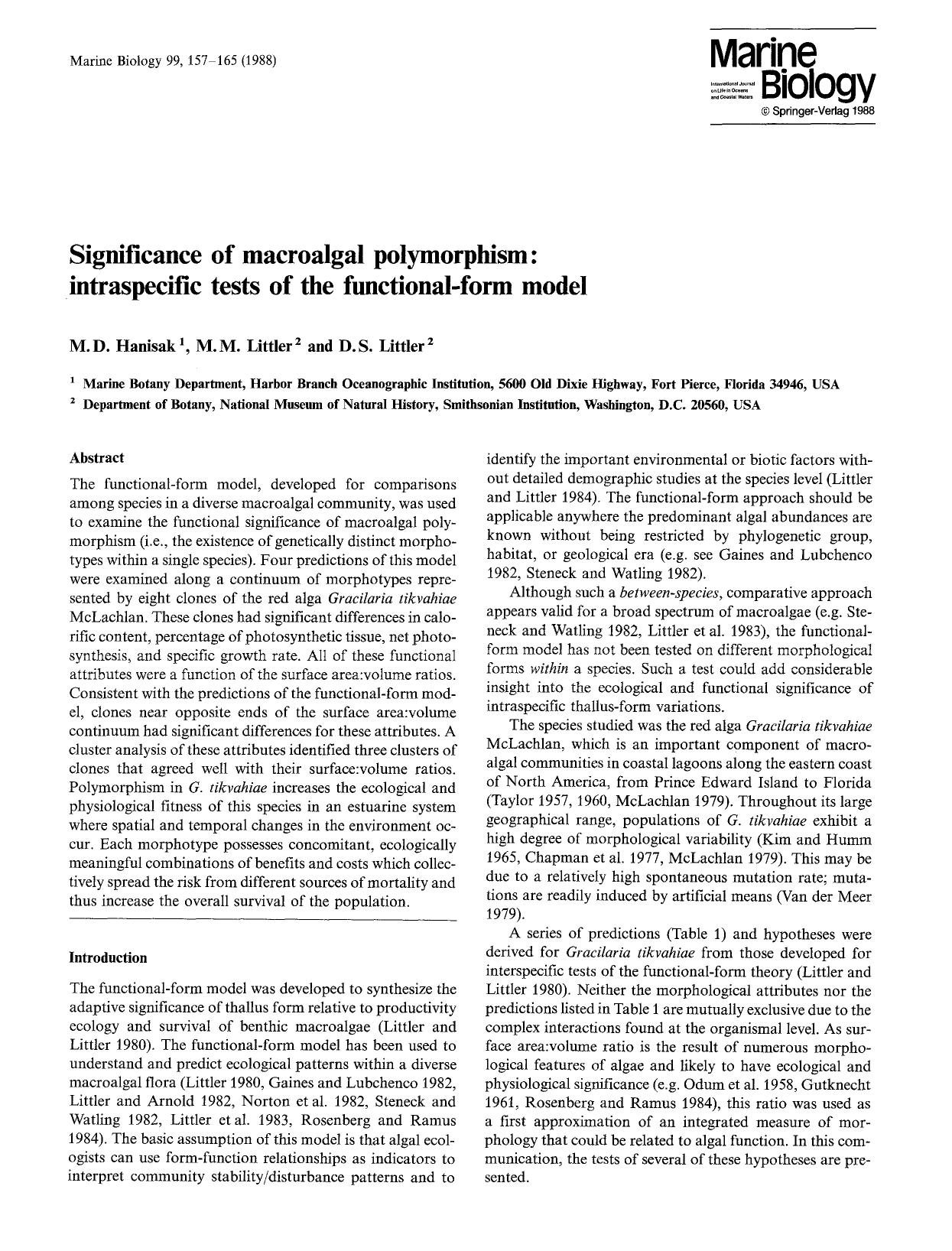 Significance of macroalgal polymorphism: intraspecific tests of the functional-form model by Unknown
