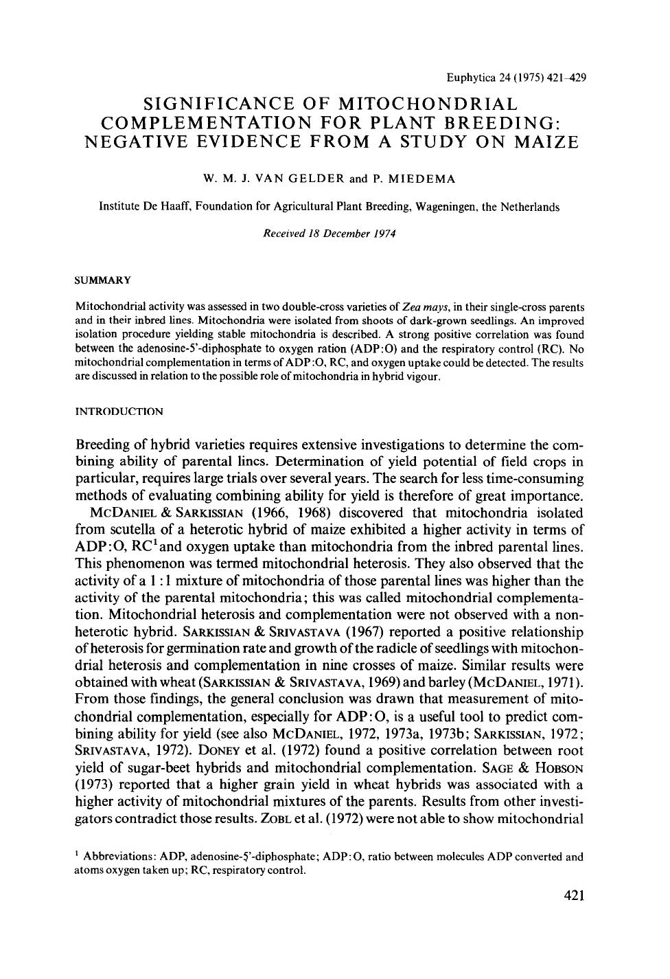 Significance of mitochondrial complementation for plant breeding: Negative evidence from a study on maize by Unknown