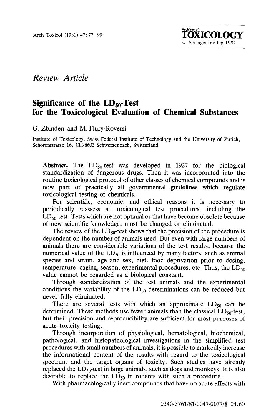 Significance of the LD<Subscript>50<Subscript>-test for the toxicological evaluation of chemical substances by Unknown