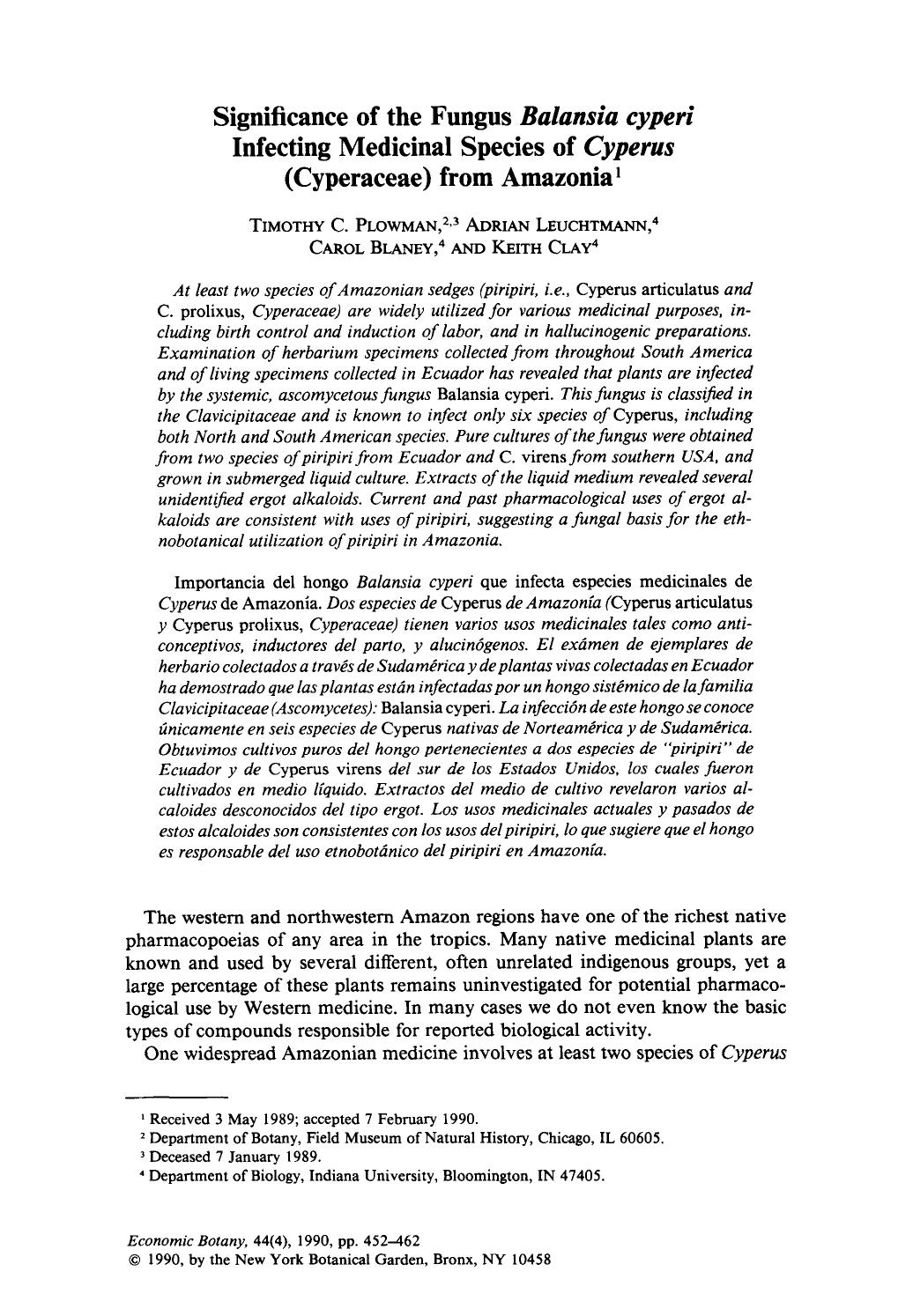 Significance of the fungus balansia cyperi infecting medicinal species of cyperus (Cyperaceae) from Amazonia by Unknown