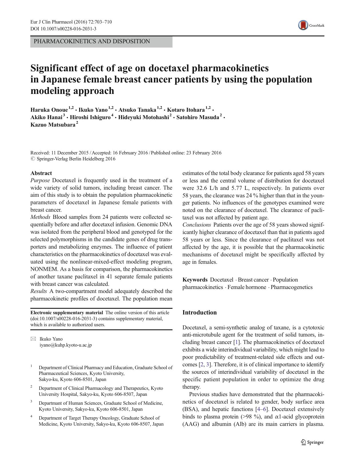 Significant effect of age on docetaxel pharmacokinetics in Japanese female breast cancer patients by using the population modeling approach by unknow