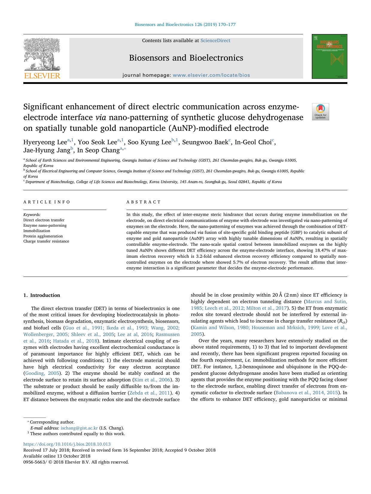 Significant enhancement of direct electric communication across enzyme-electrode interface via nano-patterning of synthetic glucose dehydrogenase on spatially tunable gold nanopart by unknow