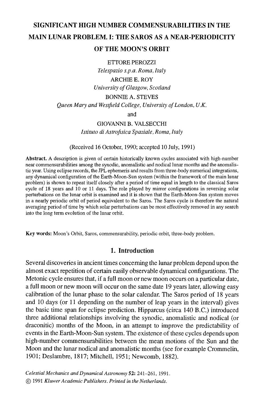 Significant high number commensurabilities in the main lunar problem. I: The Saros as a near-periodicity of the moon's orbit by Unknown