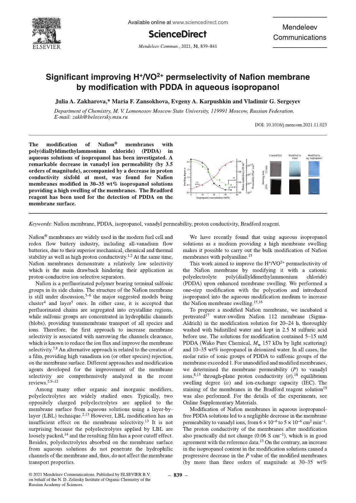 Significant improving H+VO2+ permselectivity of Nafion membrane by modification with PDDA in aqueous isopropanol by Julia A. Zakharova & Maria F. Zansokhova & Evgeny A. Karpushkin & Vladimir G. Sergeyev