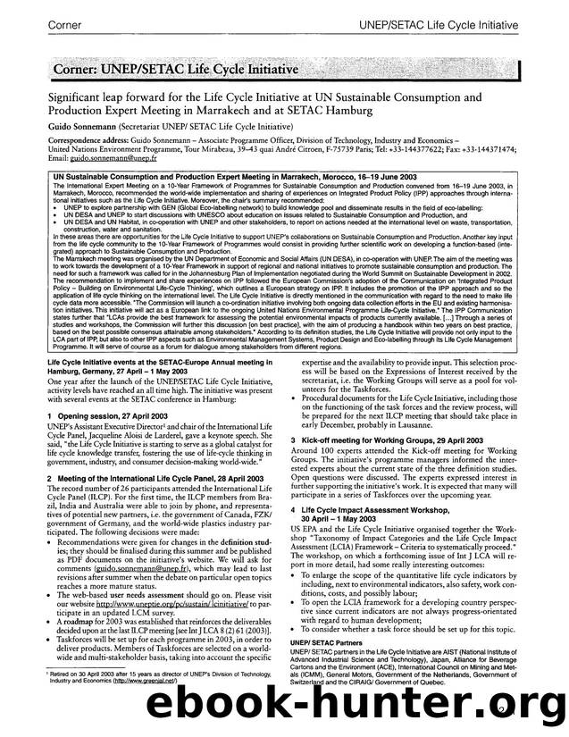 Significant leap forward for the Life Cycle Initiative at UN Sustainable Consumption and Production Expert Meeting in Marrakech and at SETAC Hamburg by Unknown