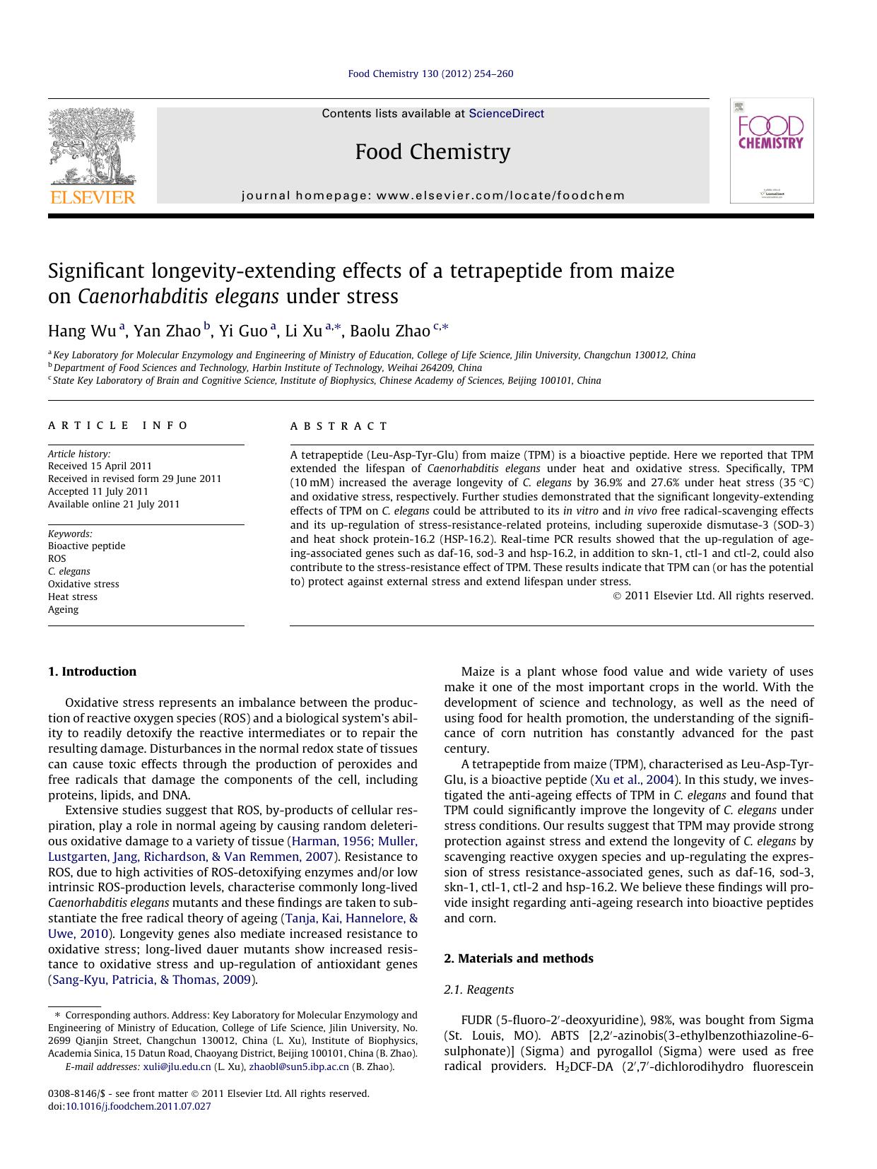 Significant longevity-extending effects of a tetrapeptide from maize on Caenorhabditis elegans under stress by Hang Wu & Yan Zhao & Yi Guo & Li Xu & Baolu Zhao