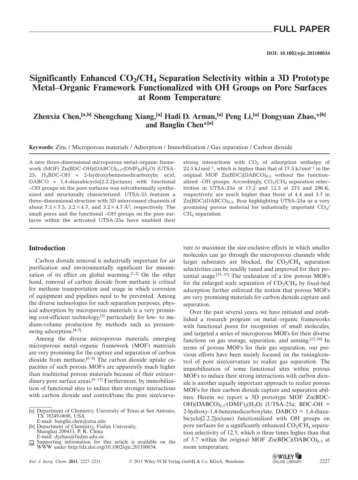 Significantly Enhanced CO2CH4 Separation Selectivity within a 3D Prototype MetalOrganic Framework Functionalized with OH Groups on Pore Surfaces at Room Temperature by Unknown
