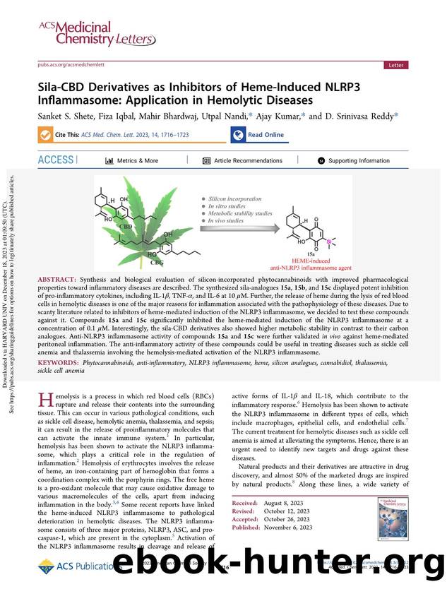 Sila-CBD Derivatives as Inhibitors of Heme-Induced NLRP3 Inflammasome: Application in Hemolytic Diseases by Sanket S. Shete Fiza Iqbal Mahir Bhardwaj Utpal Nandi Ajay Kumar & D. Srinivasa Reddy