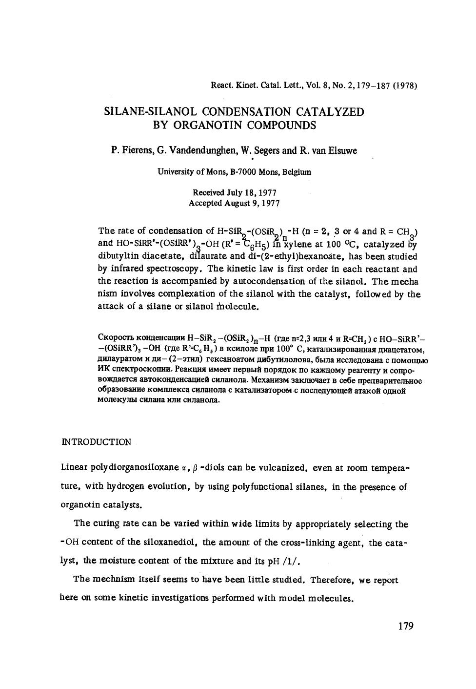 Silane-silanol condensation catalyzed by organotin compounds by Unknown