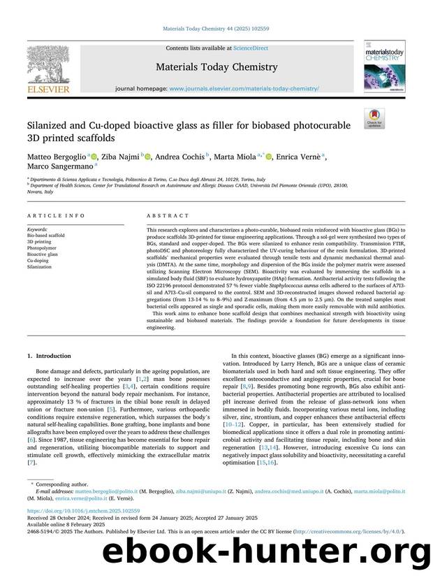 Silanized and Cu-doped bioactive glass as filler for biobased photocurable 3D printed scaffolds by Matteo Bergoglio & Ziba Najmi & Andrea Cochis & Marta Miola & Enrica Vernè & Marco Sangermano