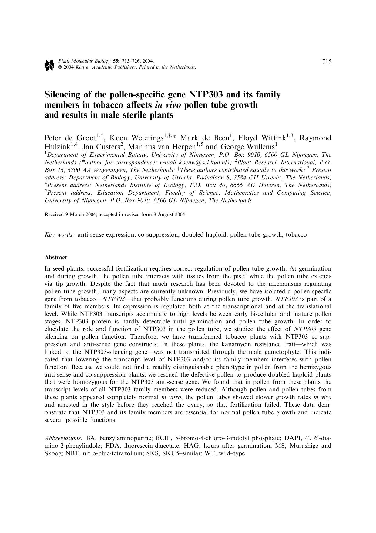 Silencing of the pollen-specific gene NTP303 and its family members in tobacco affects <Emphasis Type="Italic">in vivo<Emphasis> pollen tube growth and results in male sterile plants by Unknown