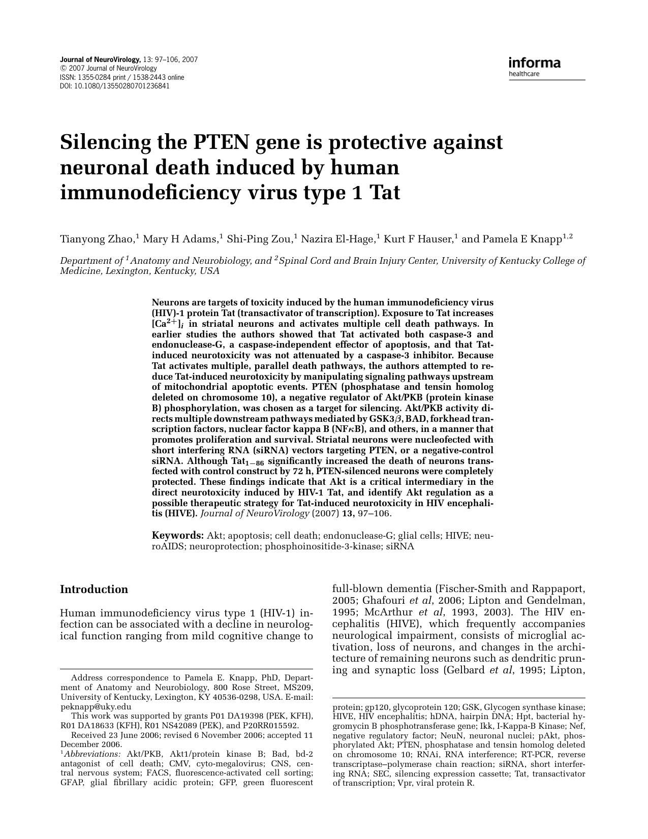 Silencing the PTEN gene is protective against neuronal death induced by human immunodeficiency virus type 1 Tat by Unknown