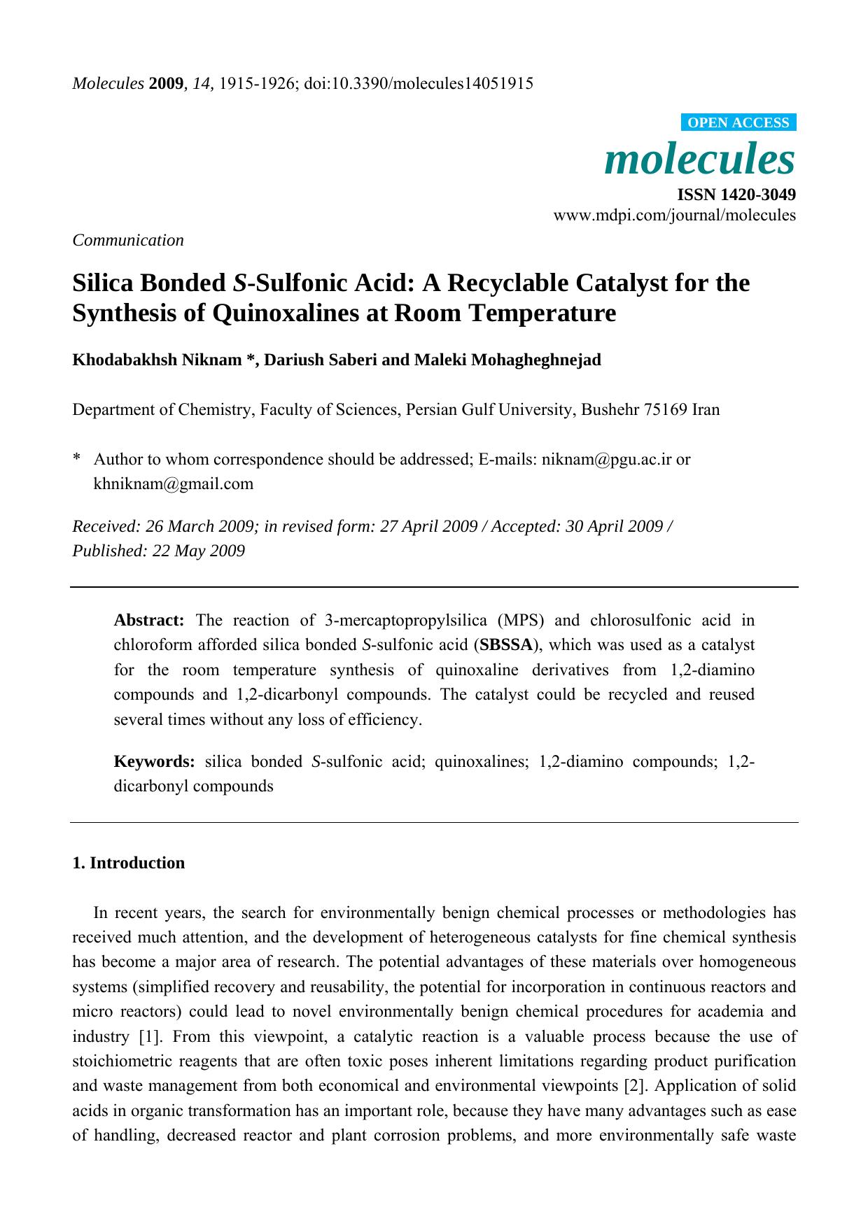 Silica Bonded S-Sulfonic Acid: A Recyclable Catalyst for the Synthesis of Quinoxalines at Room Temperature by Khodabakhsh Niknam & Dariush Saberi & Maleki Mohagheghnejad