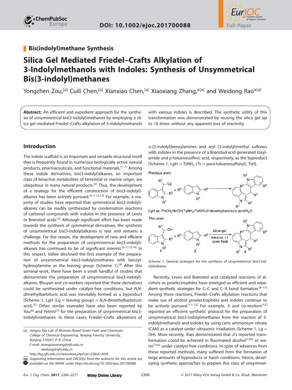 Silica Gel Mediated Friedel–Crafts Alkylation of 3‐Indolylmethanols with Indoles: Synthesis of Unsymmetrical Bis(3‐indolyl)methanes by Unknown