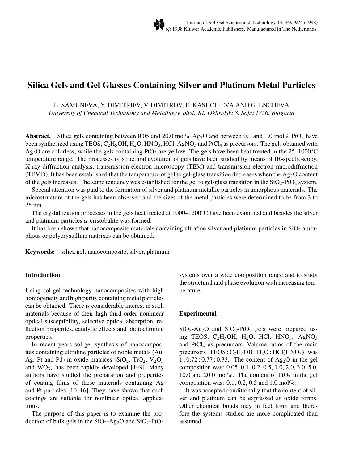 Silica Gels and Gel Glasses Containing Silver and Platinum Metal Particles by Unknown