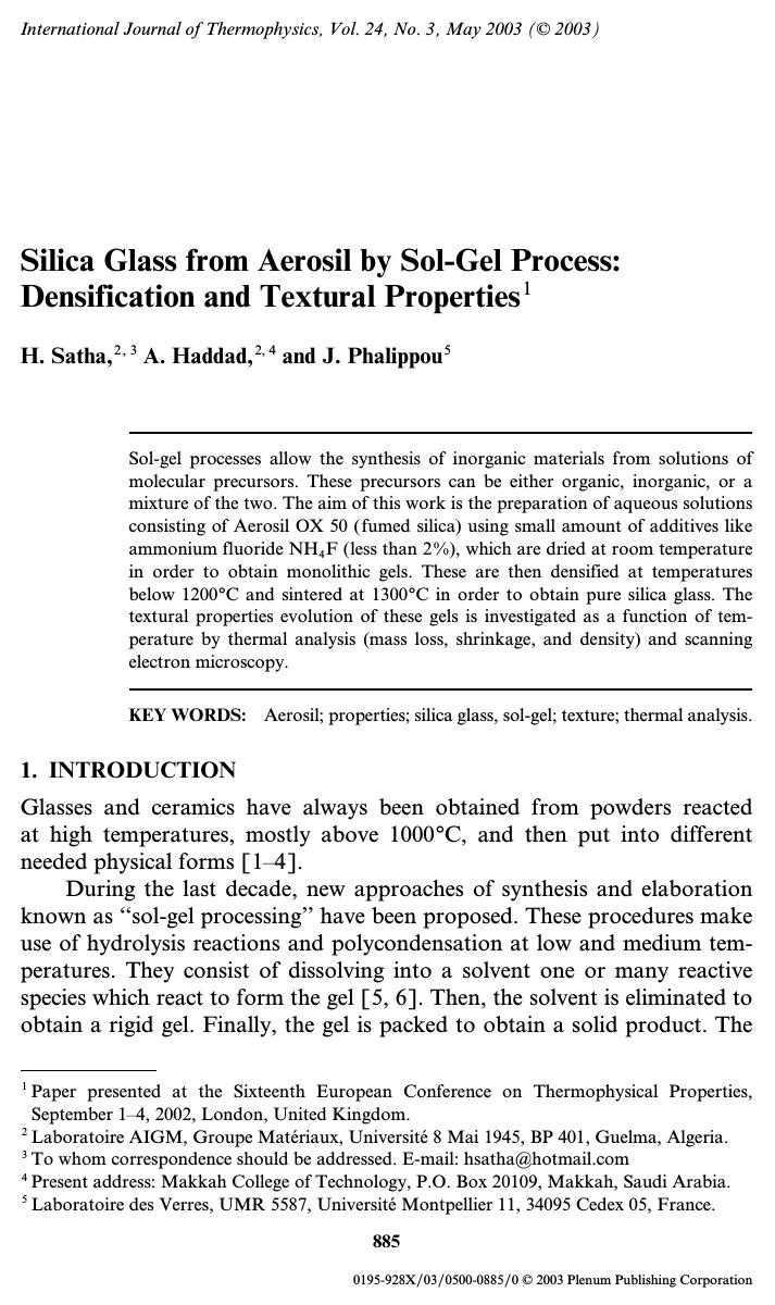 Silica Glass from Aerosil by Sol-Gel Process: Densification and Textural Properties by Unknown