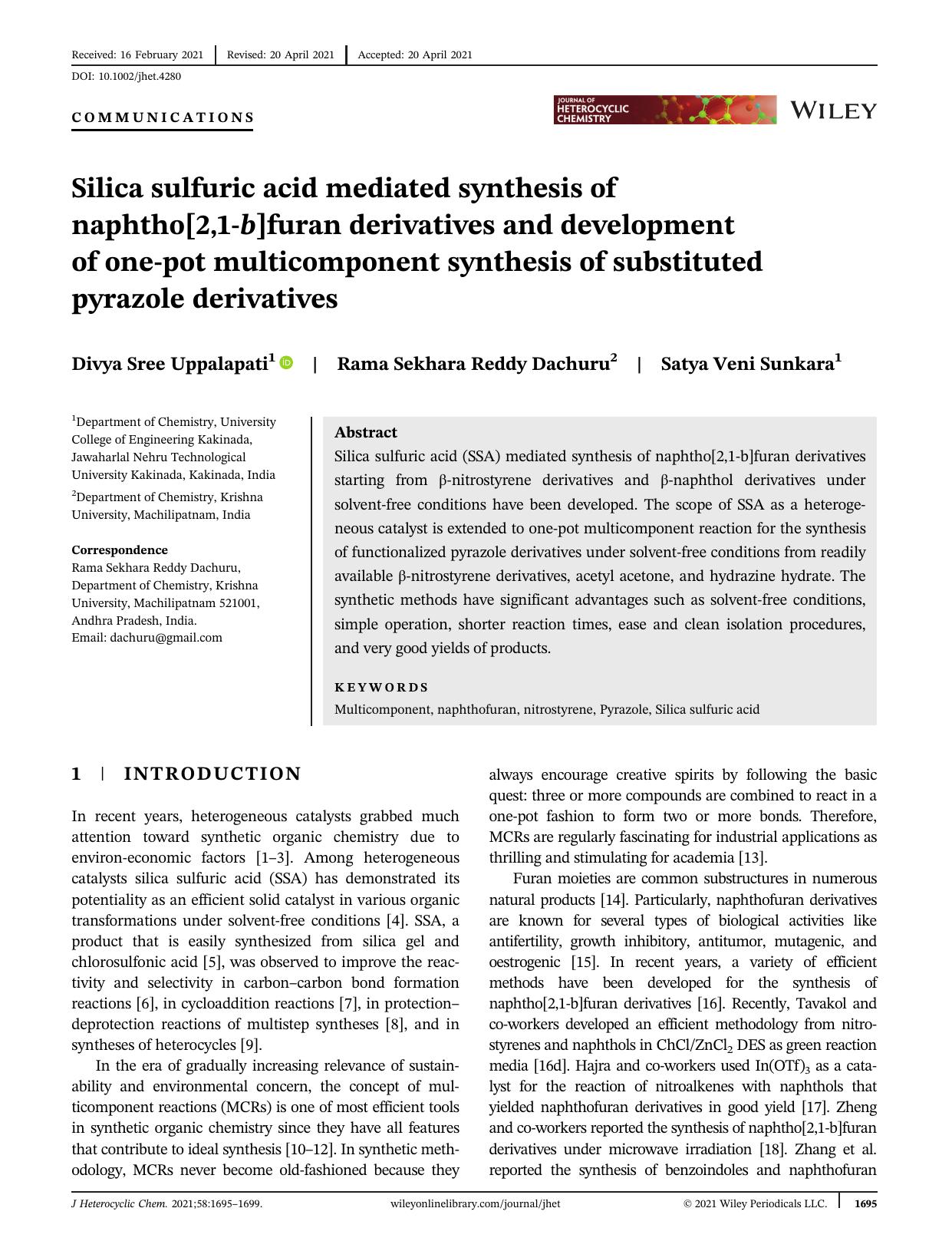 Silica Sulfuric Acid Mediated Synthesis of Naphtho[2,1-b]furan Derivatives and Development of One-Pot Multicomponent Synthesis of Substituted Pyrazole Derivatives by Unknown