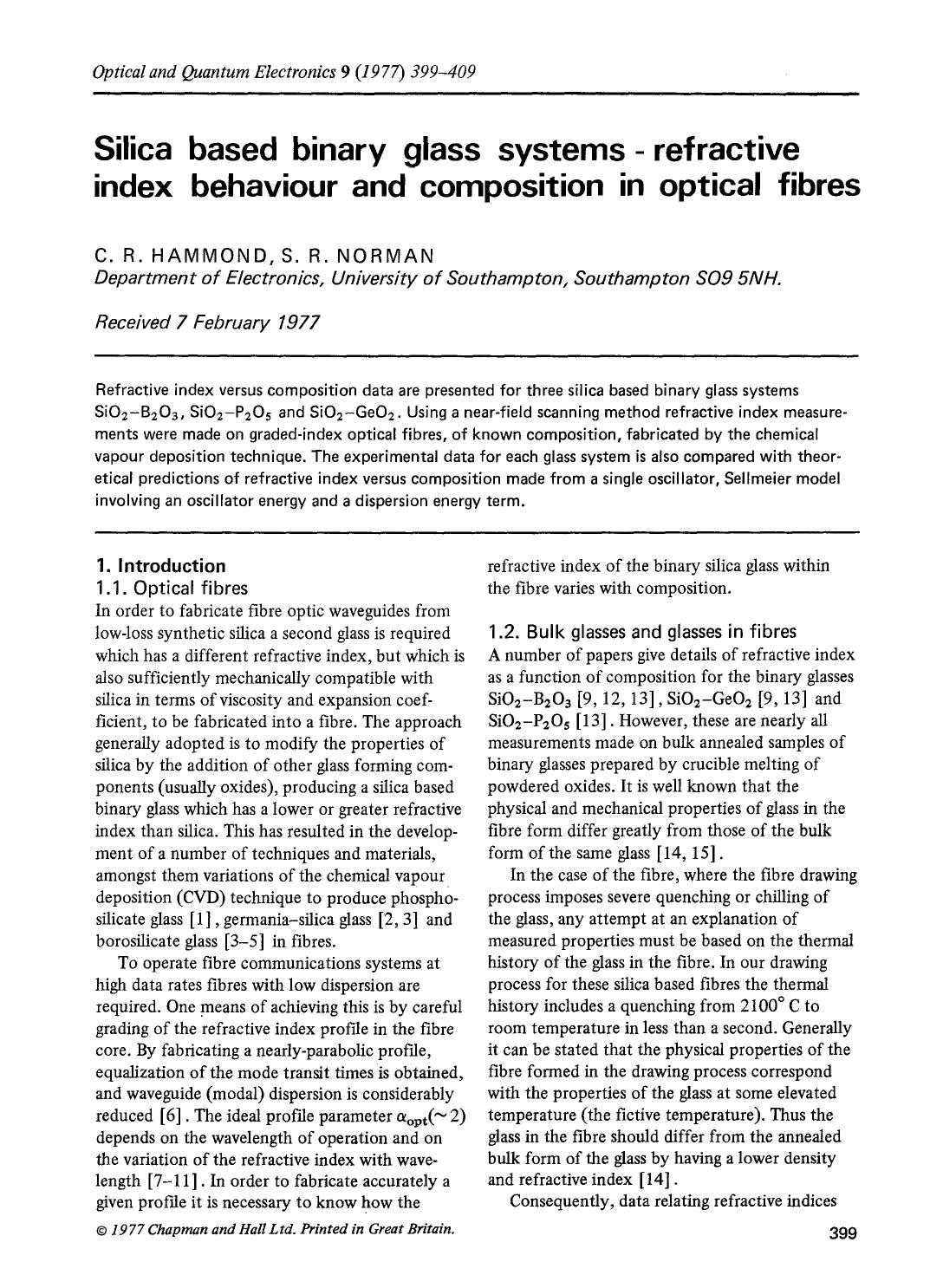 Silica based binary glass systems — refractive index behaviour and composition in optical fibres by Unknown