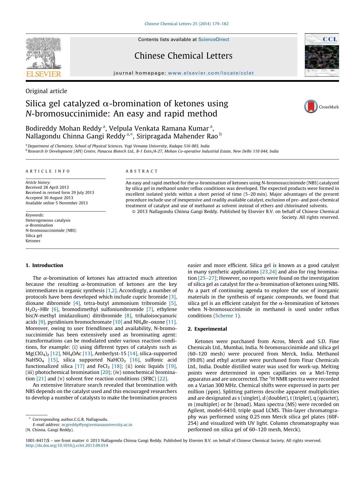 Silica gel catalyzed Î±-bromination of ketones using N-bromosuccinimide: An easy and rapid method by Bodireddy Mohan Reddy