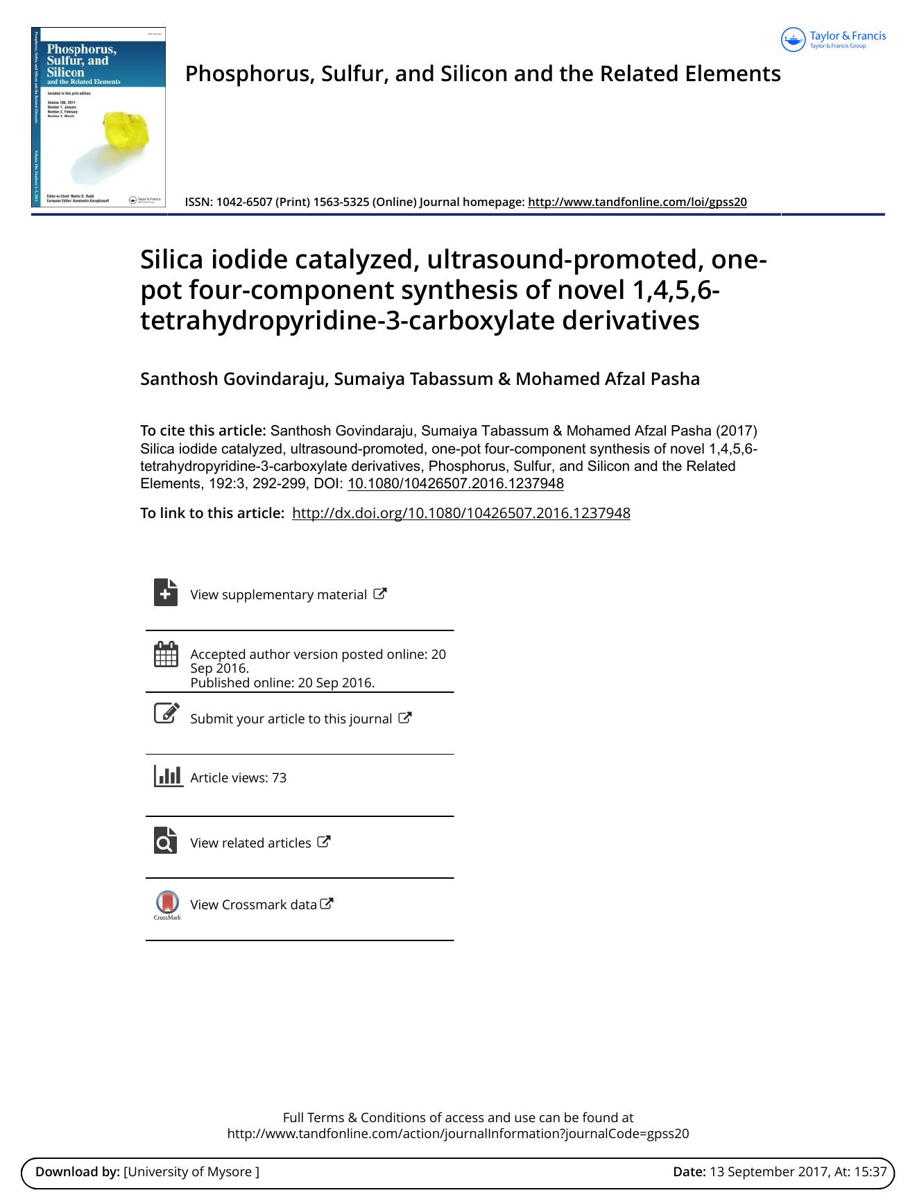 Silica iodide catalyzed, ultrasound-promoted, one-pot four-component synthesis of novel 1,4,5,6-tetrahydropyridine-3-carboxylate derivatives by Santhosh Govindaraju & Sumaiya Tabassum & Mohamed Afzal Pasha