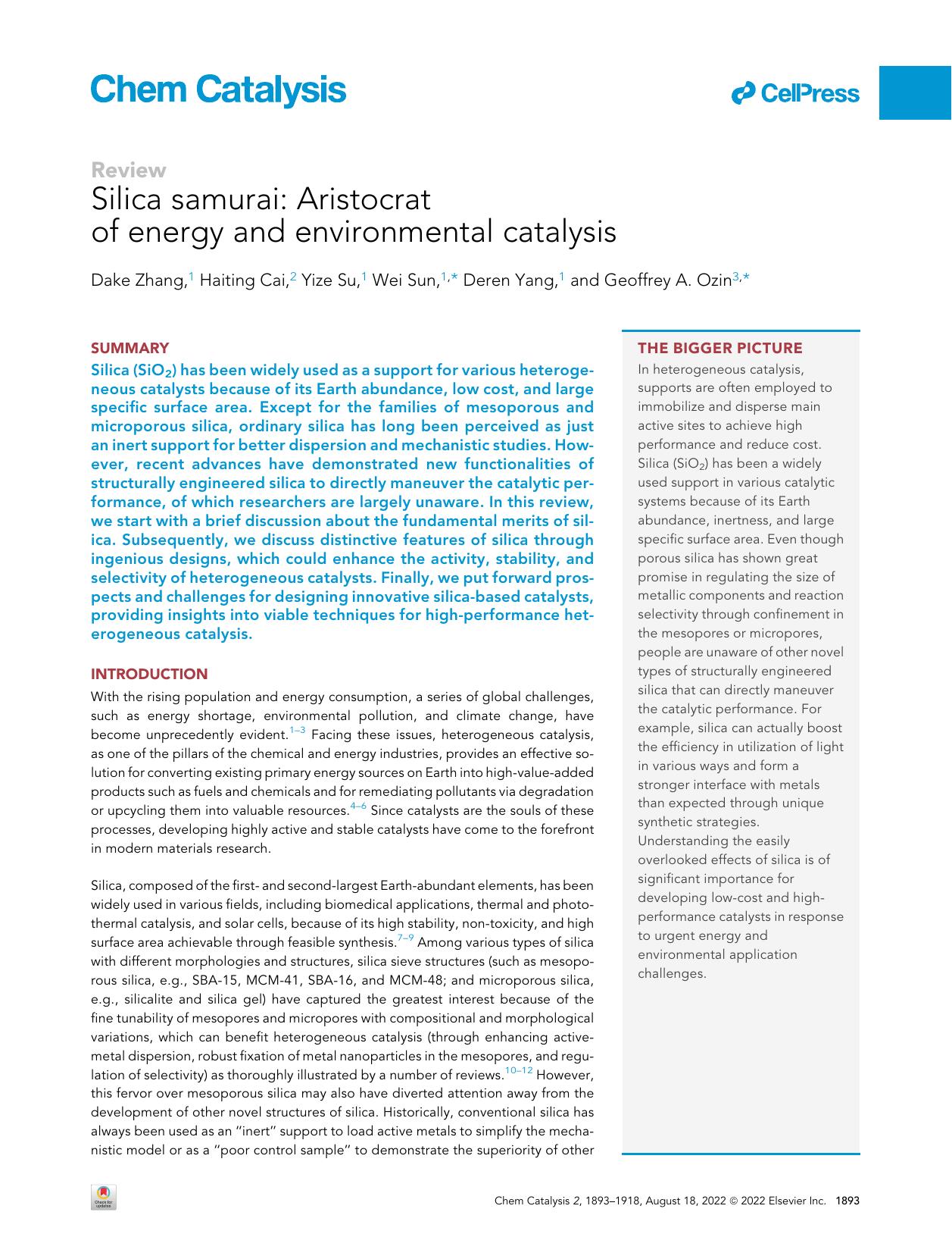 Silica samurai: Aristocrat of energy and environmental catalysis by Dake Zhang & Haiting Cai & Yize Su & Wei Sun & Deren Yang & Geoffrey A. Ozin