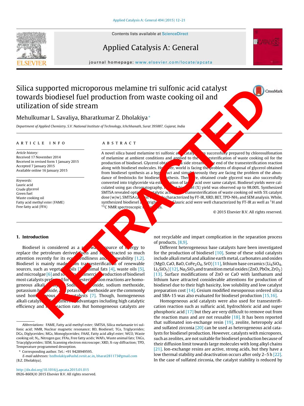 Silica supported microporous melamine tri sulfonic acid catalyst towards biodiesel fuel production from waste cooking oil and utilization of side stream by Mehulkumar L. Savaliya & Bharatkumar Z. Dholakiya
