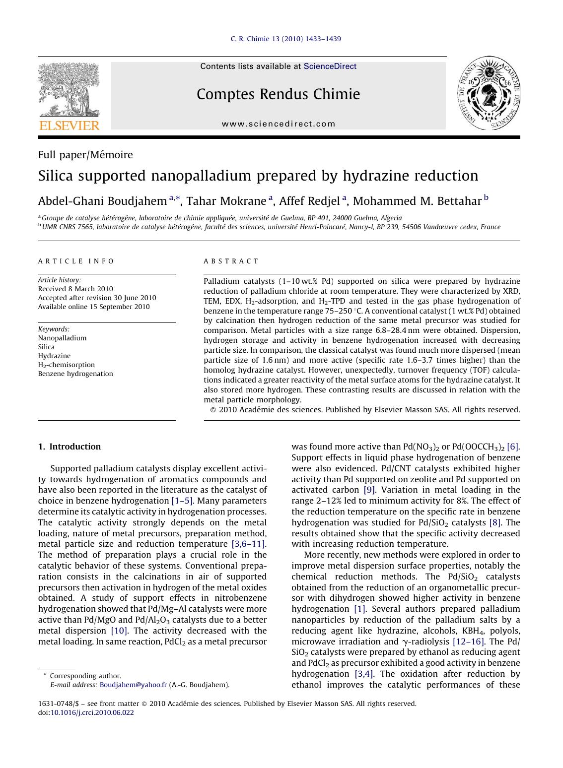 Silica supported nanopalladium prepared by hydrazine reduction by Abdel-Ghani Boudjahem