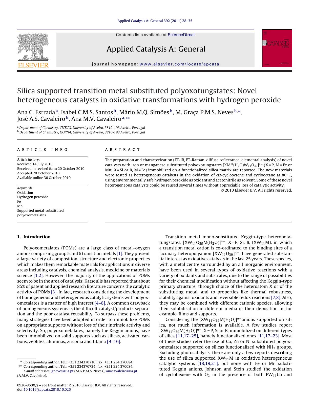 Silica supported transition metal substituted polyoxotungstates: Novel heterogeneous catalysts in oxidative transformations with hydrogen peroxide by Ana C. Estrada