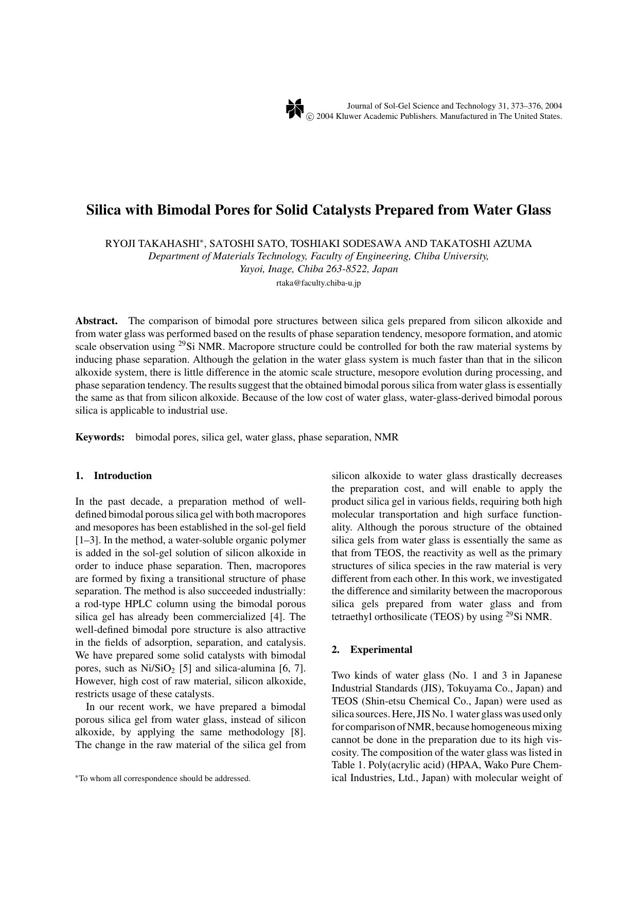 Silica with Bimodal Pores for Solid Catalysts Prepared from Water Glass by Unknown