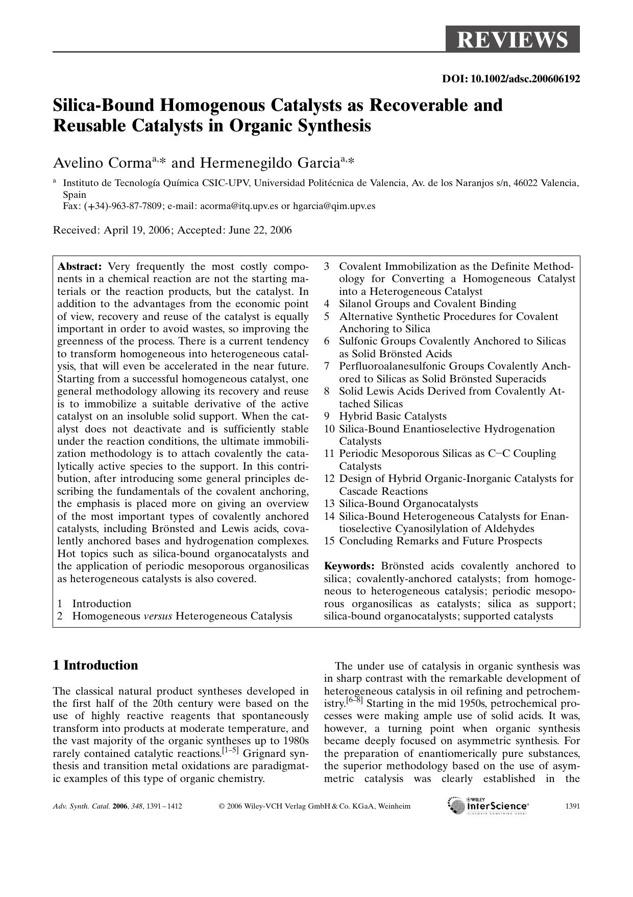 Silica-Bound Homogenous Catalysts as Recoverable and Reusable Catalysts in Organic Synthesis by Unknown