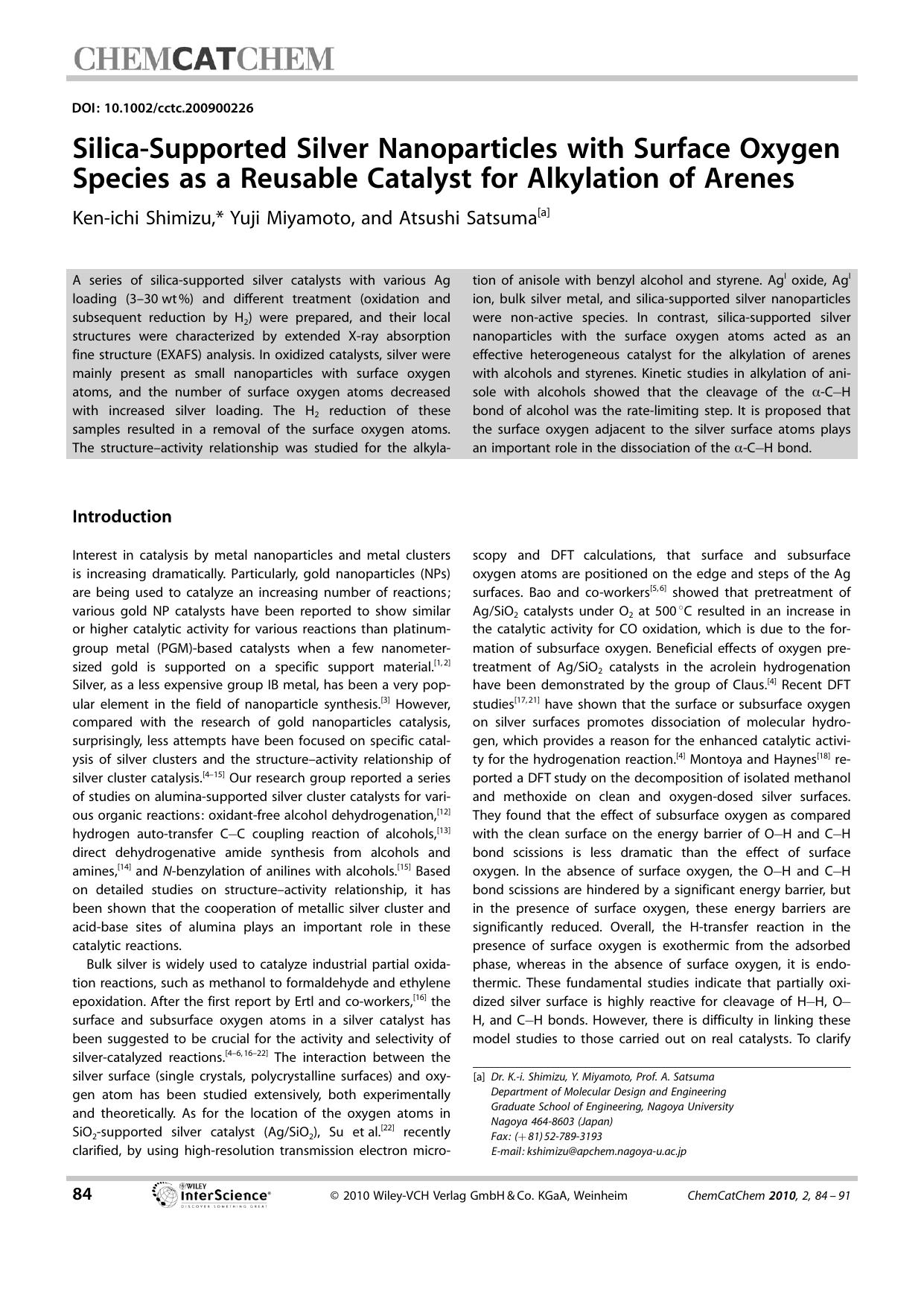 Silica-Supported Silver Nanoparticles with Surface Oxygen Species as a Reusable Catalyst for Alkylation of Arenes by Unknown