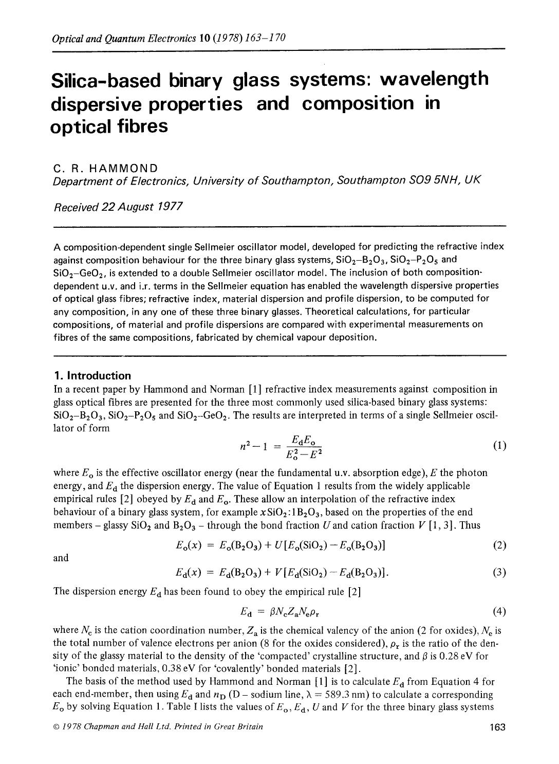 Silica-based binary glass systems: wavelength dispersive properties and composition in optical fibres by Unknown