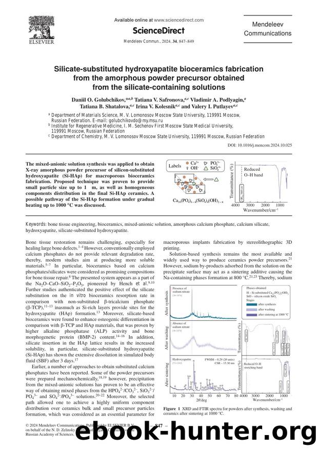 Silicate-substituted hydroxyapatite bioceramics fabrication from the amorphous powder precursor obtained from the silicate-containing solutions by unknow