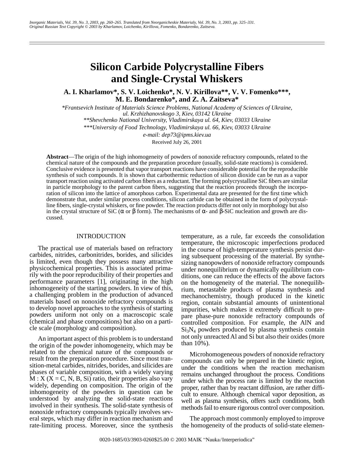 Silicon Carbide Polycrystalline Fibers and Single-Crystal Whiskers by Unknown