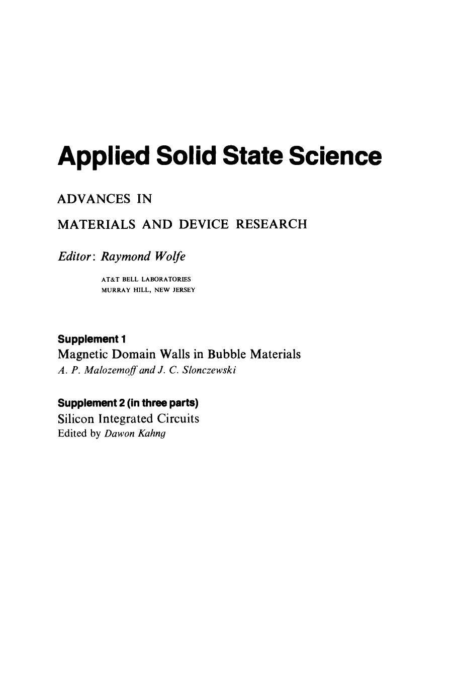 Silicon Integrated Circuits. Advances in Materials and Device Research by Dawon Kahng (Eds.)