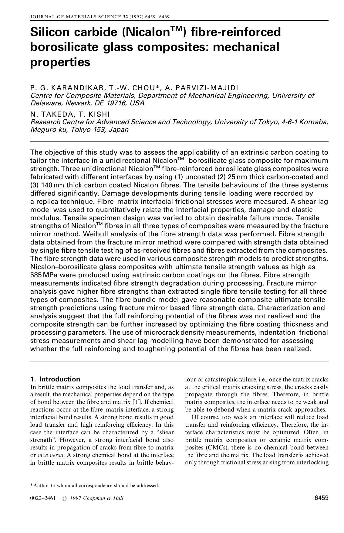 Silicon carbide (NicalonTM) fibre-reinforced borosilicate glass composites: mechanical properties by Unknown